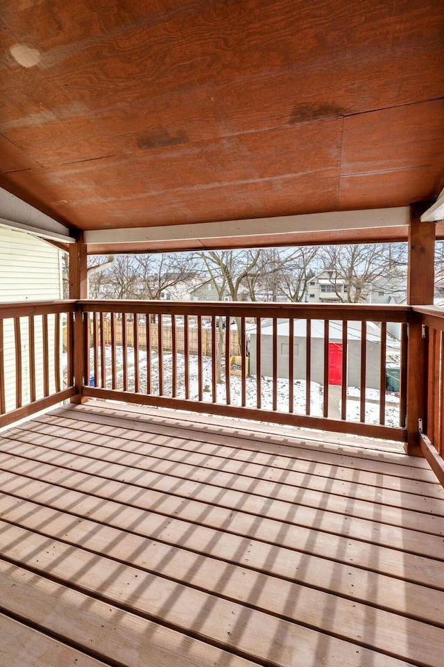 view of snow covered deck