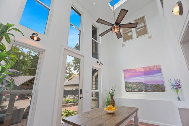 interior space featuring a skylight and ceiling fan