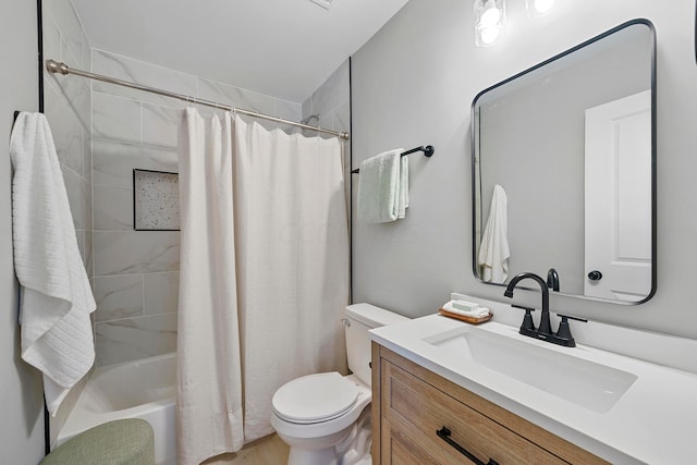 full bathroom featuring shower / bathtub combination with curtain, vanity, and toilet