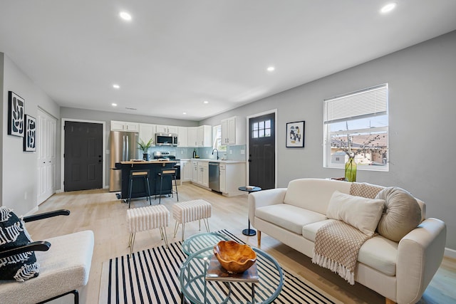 living room featuring light hardwood / wood-style flooring and sink