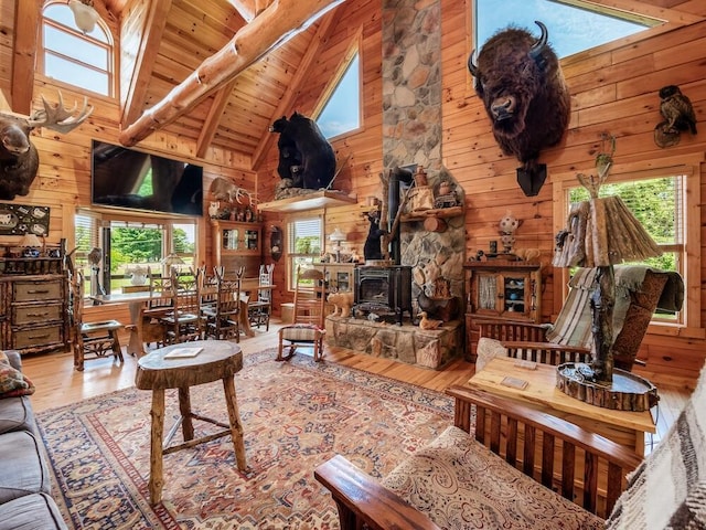 living room with wood-type flooring, wooden walls, a wood stove, and wooden ceiling