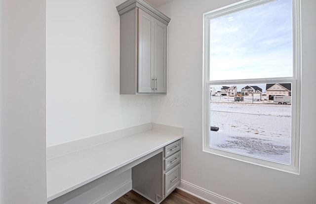 unfurnished office with baseboards, built in study area, and dark wood finished floors