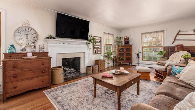 living room featuring baseboard heating, ornamental molding, and light wood-type flooring