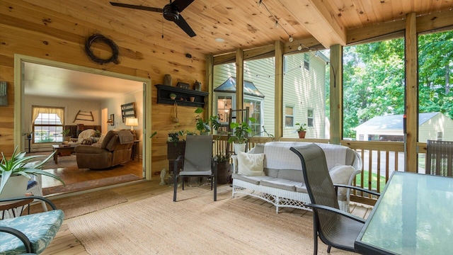 sunroom / solarium with ceiling fan, beamed ceiling, and wooden ceiling