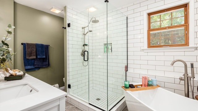 bathroom featuring vanity and independent shower and bath