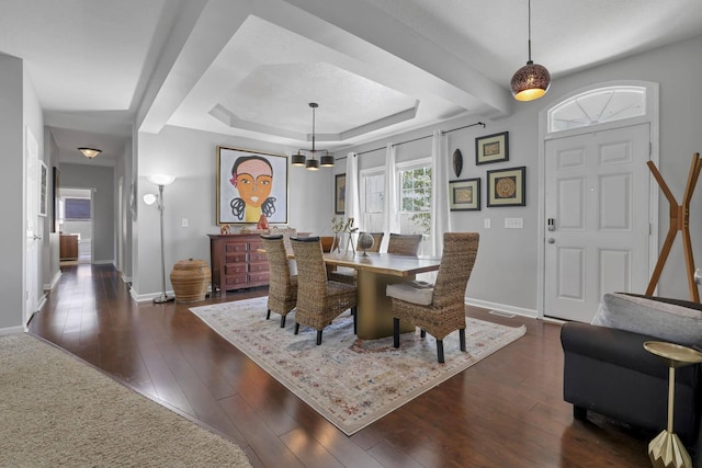 dining room featuring a chandelier, dark hardwood / wood-style floors, and a tray ceiling