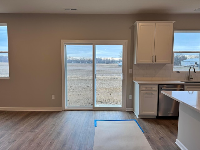 kitchen featuring tasteful backsplash, stainless steel dishwasher, a healthy amount of sunlight, sink, and white cabinets