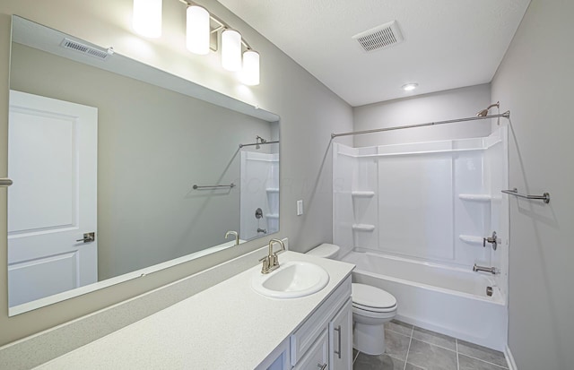 full bathroom with vanity, tile patterned flooring, toilet, and  shower combination