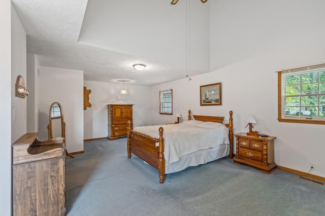 bedroom with carpet and a textured ceiling