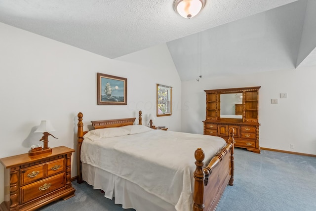 carpeted bedroom featuring lofted ceiling and a textured ceiling