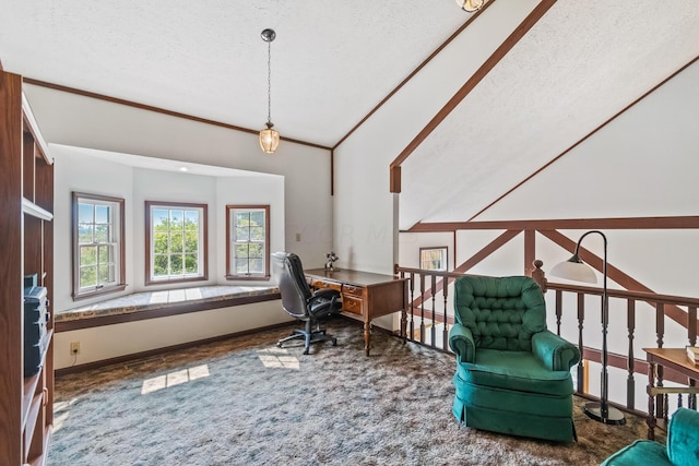 carpeted home office featuring a textured ceiling and vaulted ceiling