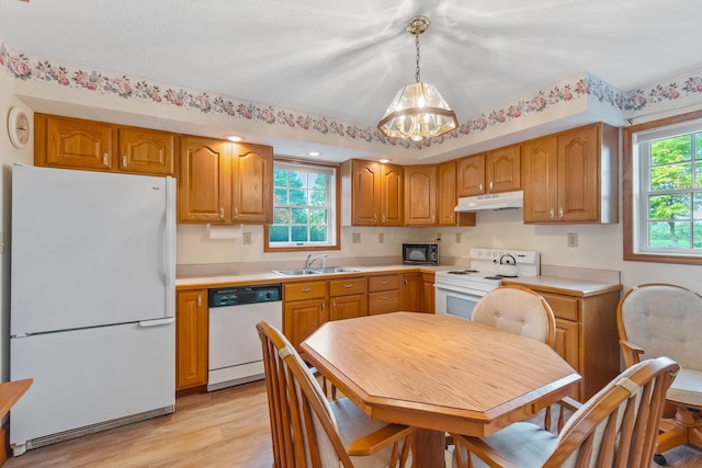 kitchen with pendant lighting, plenty of natural light, white appliances, and sink