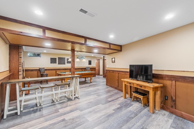 rec room with pool table and light wood-type flooring