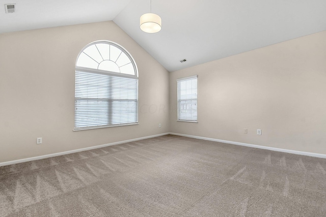 spare room featuring carpet flooring, a wealth of natural light, and lofted ceiling