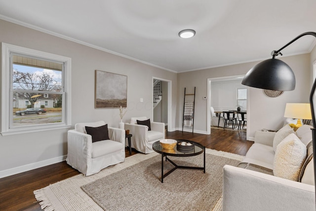 living room featuring crown molding and dark hardwood / wood-style floors