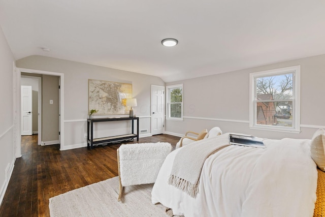 bedroom featuring multiple windows, dark wood-type flooring, and vaulted ceiling