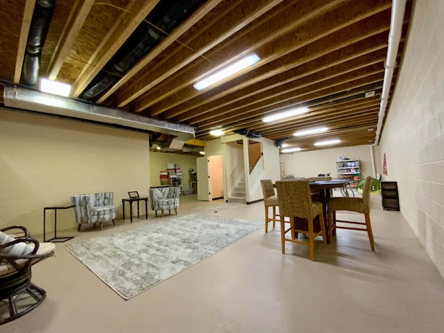 finished basement with stairway