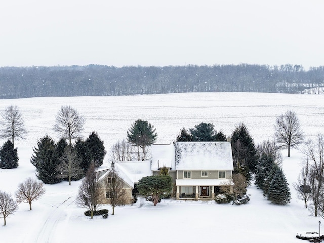 snowy aerial view with a view of trees