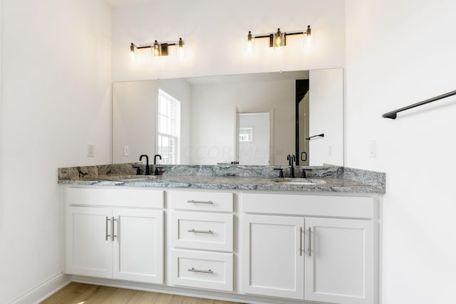 bathroom with hardwood / wood-style floors and vanity