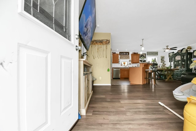 foyer entrance featuring ceiling fan and dark hardwood / wood-style flooring