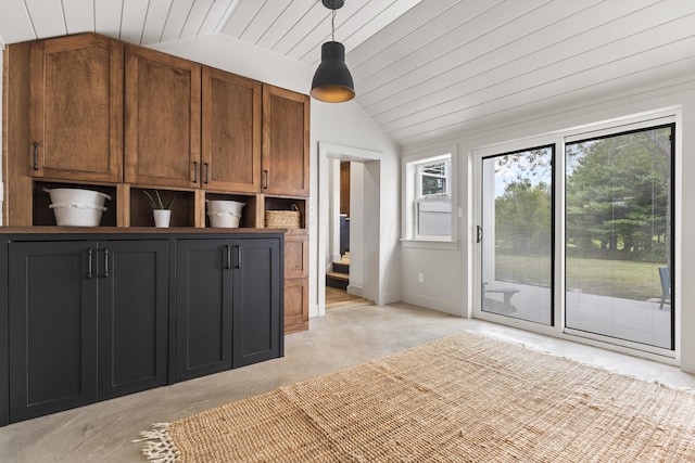 unfurnished bedroom with wood ceiling, access to outside, and vaulted ceiling