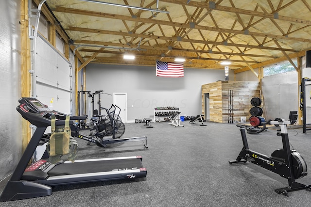 exercise room with vaulted ceiling