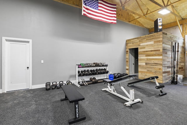 exercise area with high vaulted ceiling and wooden walls