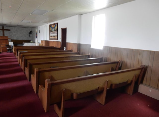 160 Commerce St, Lockbourne, OH 43137 - misc room featuring a wainscoted wall, carpet flooring, a drop ceiling, wallpapered walls, and wooden walls