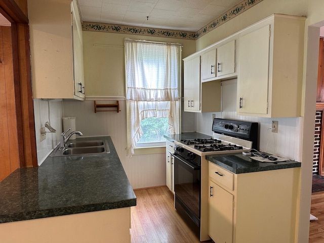 kitchen with black gas range, wood walls, light wood-type flooring, and sink