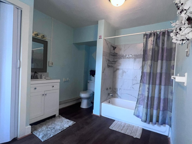 full bathroom with wood-type flooring, vanity, toilet, and shower / bathtub combination with curtain