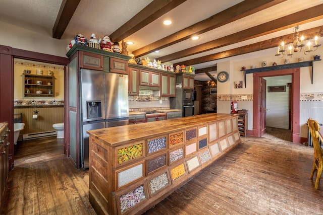 kitchen featuring stainless steel refrigerator with ice dispenser, a baseboard radiator, dark wood-type flooring, and beam ceiling