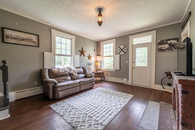 living room featuring ornamental molding, a textured ceiling, dark hardwood / wood-style floors, and a baseboard heating unit