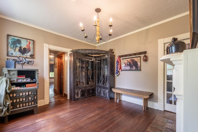 interior space with a textured ceiling, dark hardwood / wood-style flooring, and ornamental molding