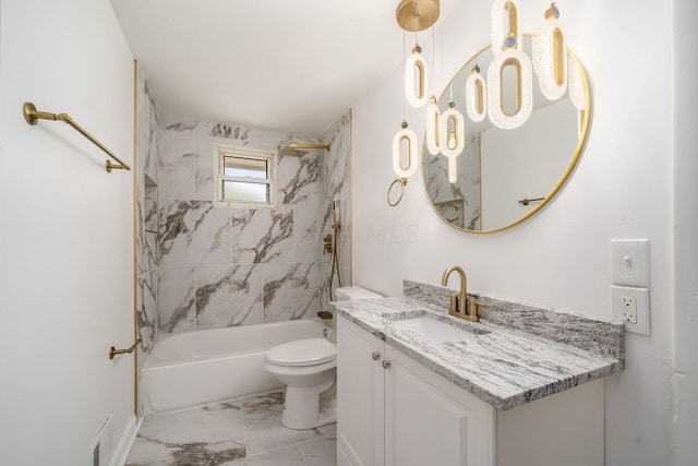 full bathroom featuring vanity, tiled shower / bath combo, and toilet