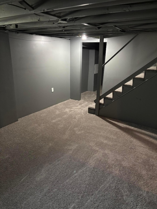 finished below grade area featuring carpet floors and stairs