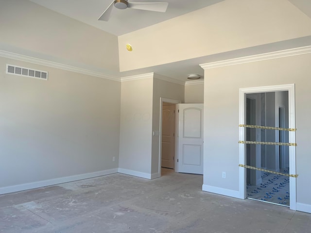 unfurnished room featuring baseboards, visible vents, and crown molding