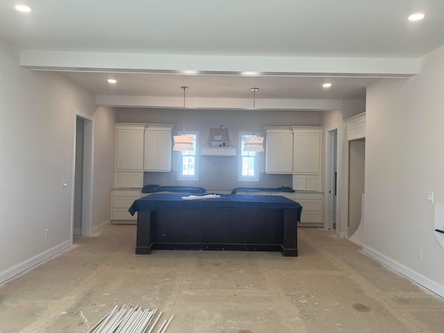 kitchen with baseboards, white cabinets, beam ceiling, and recessed lighting