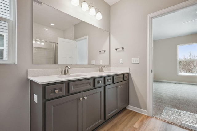 bathroom with a shower with shower door, hardwood / wood-style floors, and vanity