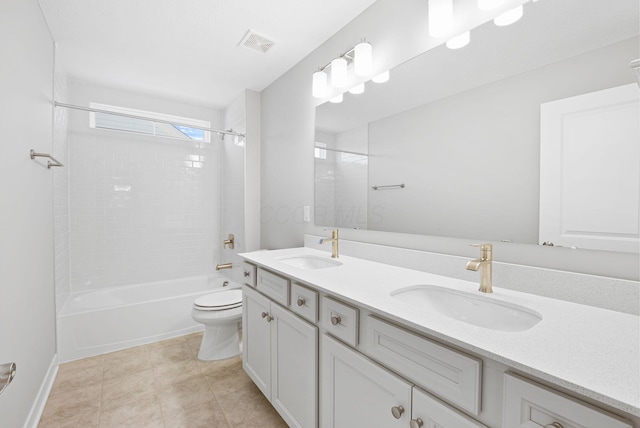 full bathroom featuring toilet, vanity, tile patterned flooring, and shower / bath combination