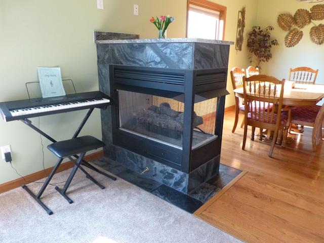 interior details with wood-type flooring and a premium fireplace