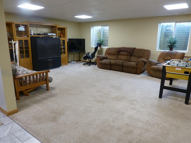 living room featuring light colored carpet