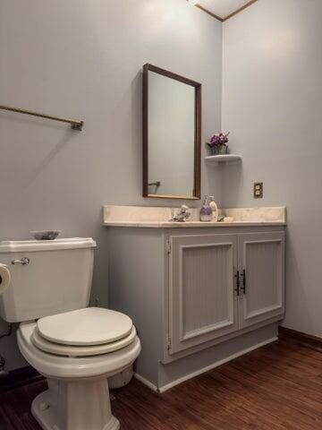 bathroom with hardwood / wood-style floors, vanity, and toilet