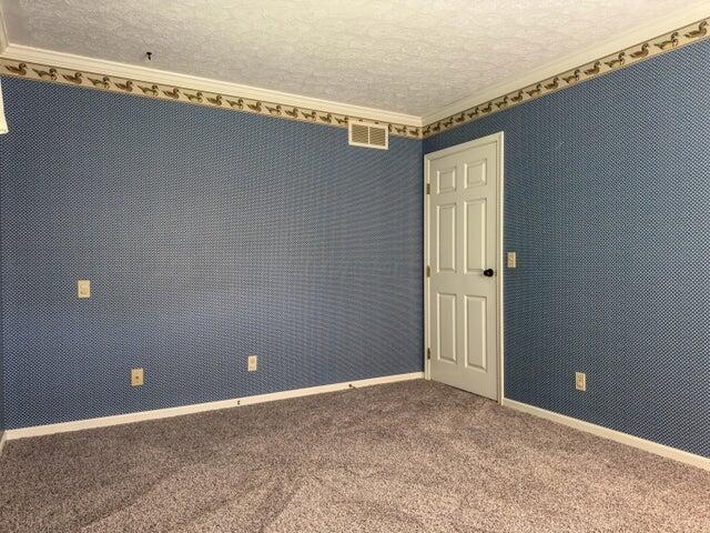 carpeted empty room featuring a textured ceiling and crown molding