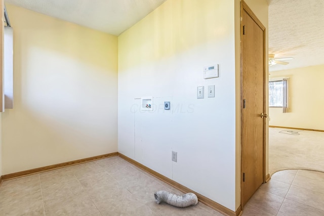 laundry area with light carpet, hookup for a washing machine, a textured ceiling, and ceiling fan