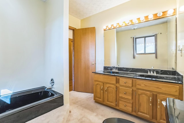 bathroom with vanity, a textured ceiling, and a washtub