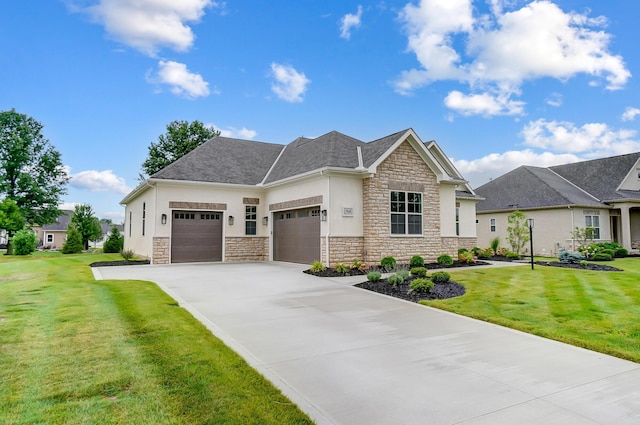 craftsman inspired home with a garage and a front lawn