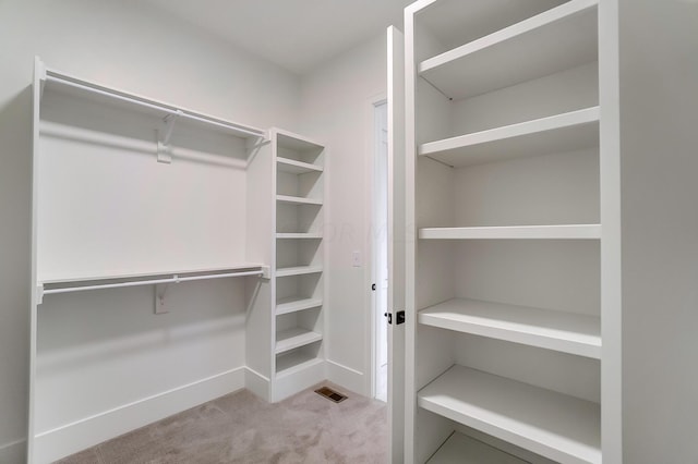 spacious closet featuring light colored carpet