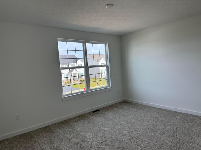 carpeted empty room with a textured ceiling