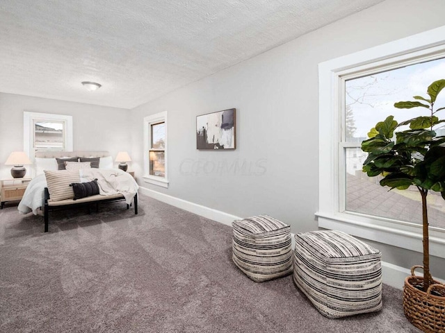 carpeted bedroom featuring a textured ceiling and multiple windows