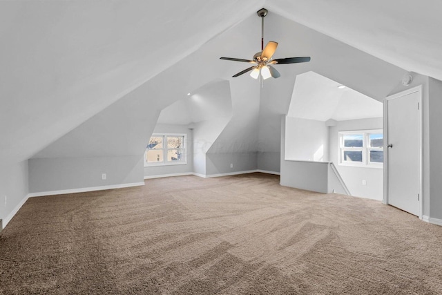 bonus room featuring carpet, ceiling fan, and lofted ceiling